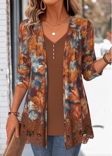 women clothes image of Dark Camel Floral Print Fake Two Piece Twinset