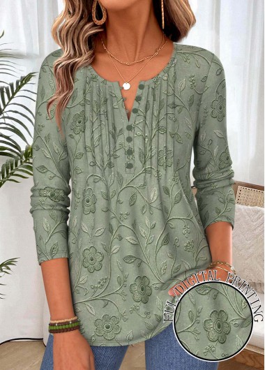 women clothes image of Green Floral Print Tuck Stitch Long Sleeve T Shirt