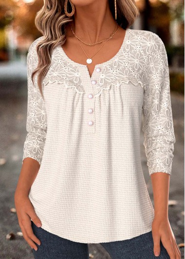women clothes image of Beige Patchwork Long Sleeve Split Neck Blouse