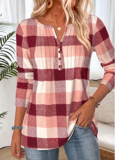women clothes image of Red Plaid Tuck Stitch Long Sleeve T Shirt