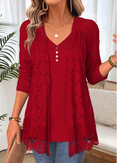 women clothes image of Deep Red Long Sleeve Fake Two Piece Twinset