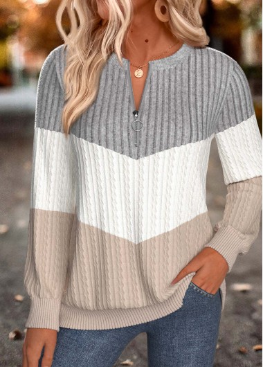 women clothes image of Multi Color Zipper Long Sleeve Round Neck Sweatshirt