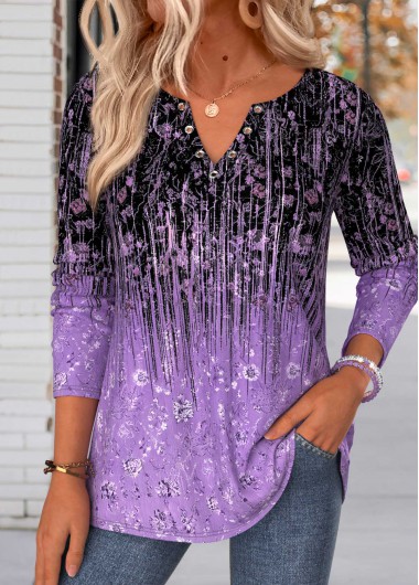 women clothes image of Dark Purple Tribal Print Eyelet Long Sleeve T Shirt