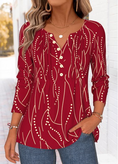 women clothes image of Wine Red Geometric Print Tuck Stitch T Shirt