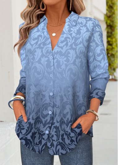 women clothes image of Blue Geometric Print Tummy Coverage Long Sleeve Shirt