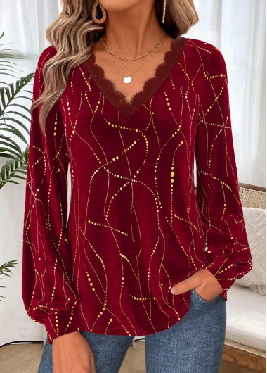 women clothes image of Wine Red Geometric Print Curved Hem T Shirt