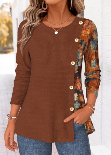 women clothes image of Dark Coffee Floral Print Patchwork Long Sleeve T Shirt
