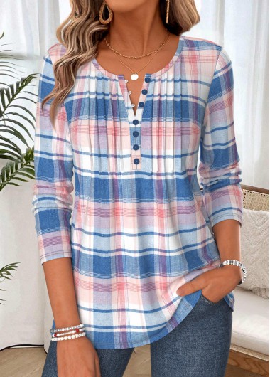 women clothes image of Blue Plaid Tuck Stitch Long Sleeve T Shirt