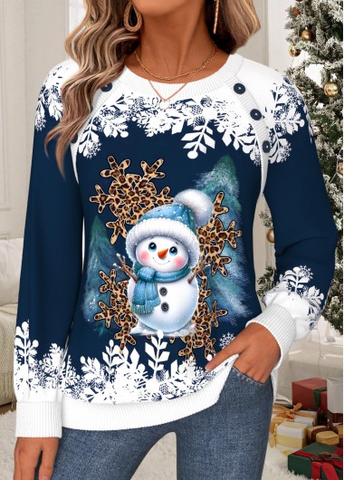 women clothes image of Navy Snowman Print Tummy Coverage Long Sleeve Sweatshirt