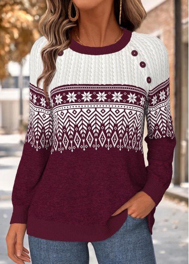 women clothes image of Wine Red Paisley Print Tummy Coverage Long Sleeve Sweatshirt