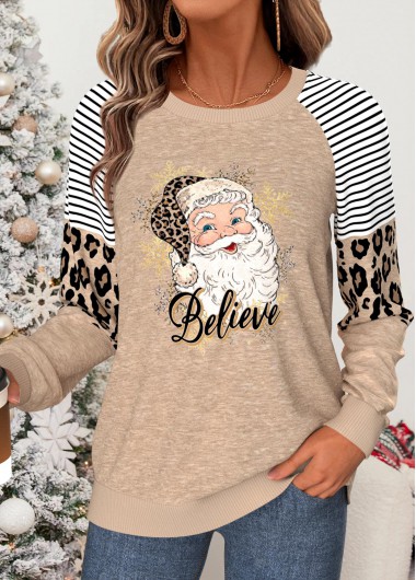 women clothes image of Light Camel Santa Claus Print Tummy Coverage Sweatshirt