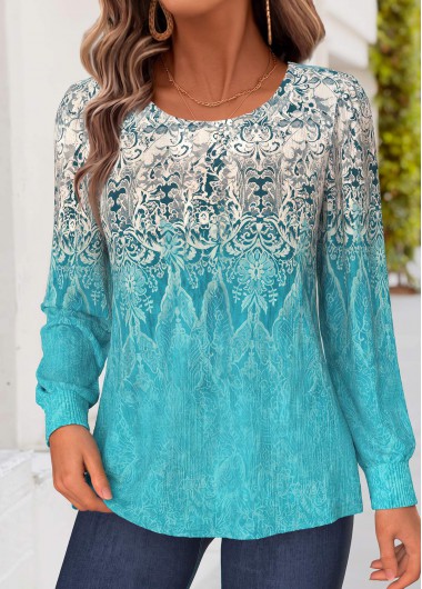 women clothes image of Cyan Paisley Print Shirred Long Sleeve T Shirt