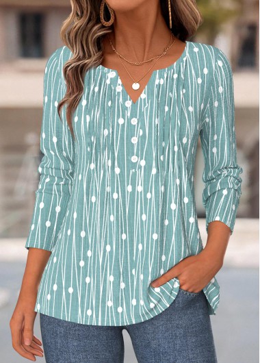 women clothes image of Light Green Geometric Print Tuck Stitch T Shirt
