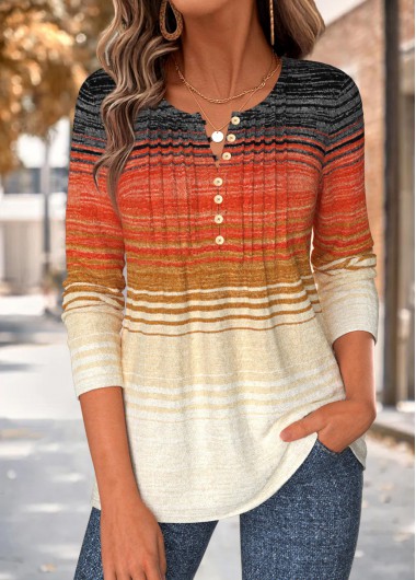 women clothes image of Terracotta Striped Tuck Stitch Long Sleeve T Shirt