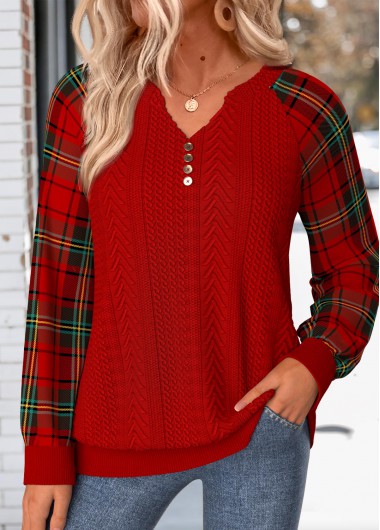 women clothes image of Red Plaid Button Long Sleeve Split Neck Sweatshirt