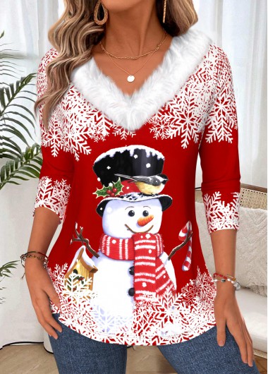 women clothes image of Wine Red Snowman Print Tummy Coverage T Shirt