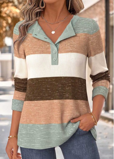 women clothes image of Multi Color Striped Tummy Coverage Long Sleeve T Shirt