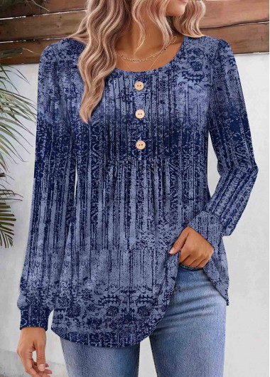 women clothes image of Blue Tribal Print Tuck Stitch Long Sleeve T Shirt