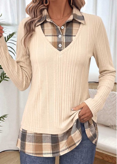 women clothes image of Beige Plaid Long Sleeve Fake Two Piece Twinset