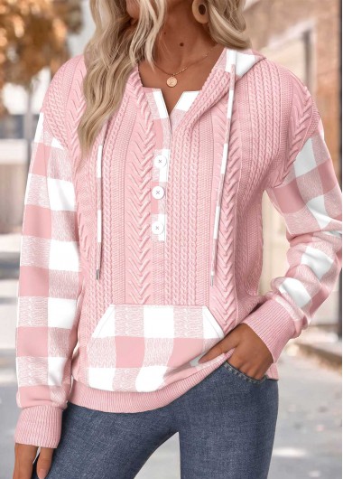 women clothes image of Pink Tummy Coverage Plaid Long Sleeve Hoodie