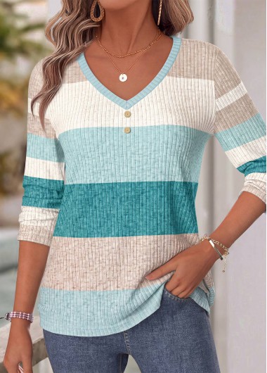 women clothes image of Cyan Geometric Print Patchwork Long Sleeve T Shirt