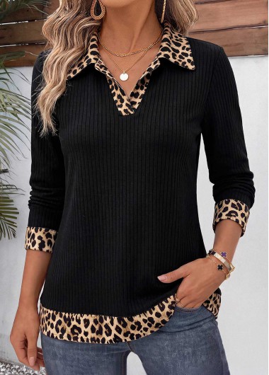 women clothes image of Black Leopard Patchwork Long Sleeve T Shirt