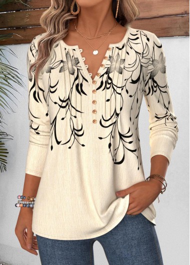 women clothes image of Beige Floral Print Curved Hem Long Sleeve T Shirt