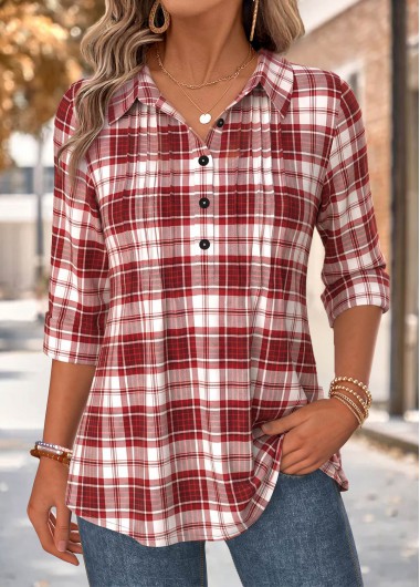 women clothes image of Red Plaid Tuck Stitch Long Sleeve Shirt Collar Blouse