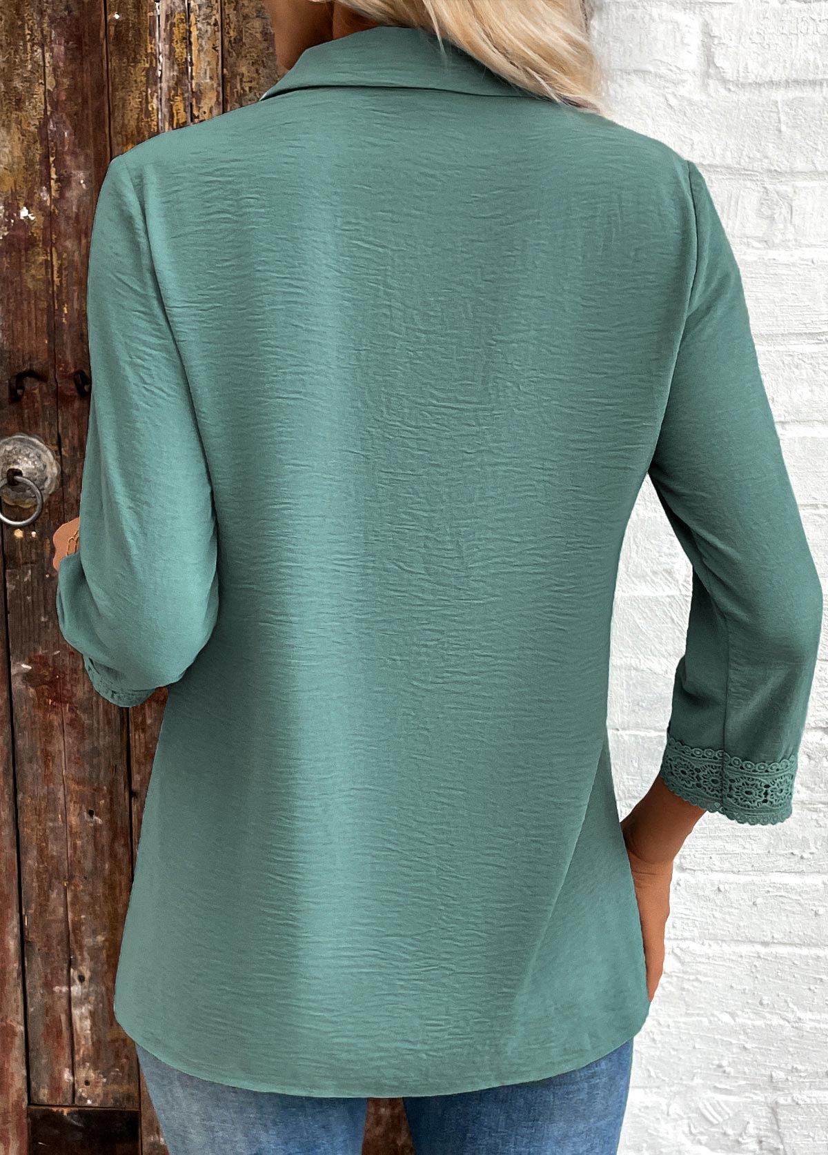 Turquoise Button Patchwork 3/4 Sleeve Shirt | picture 