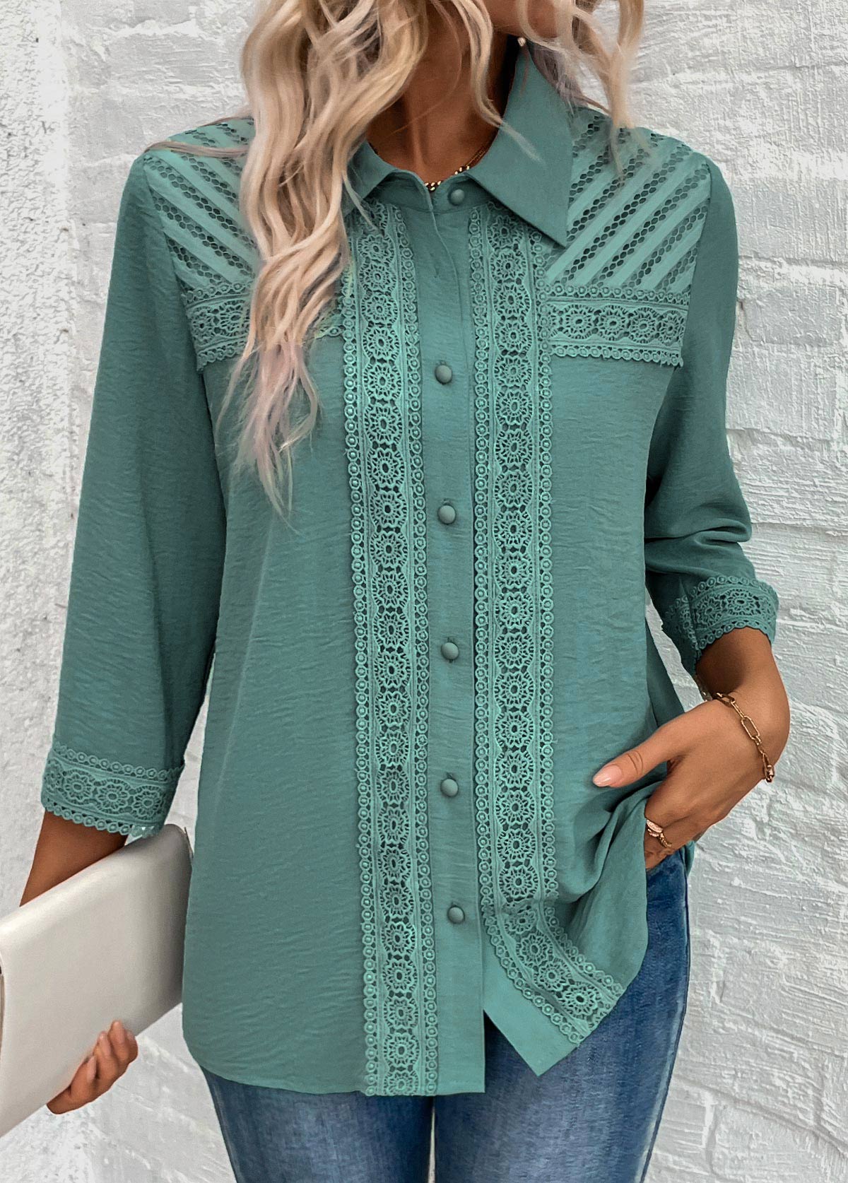 Turquoise Button Patchwork 3/4 Sleeve Shirt | picture 