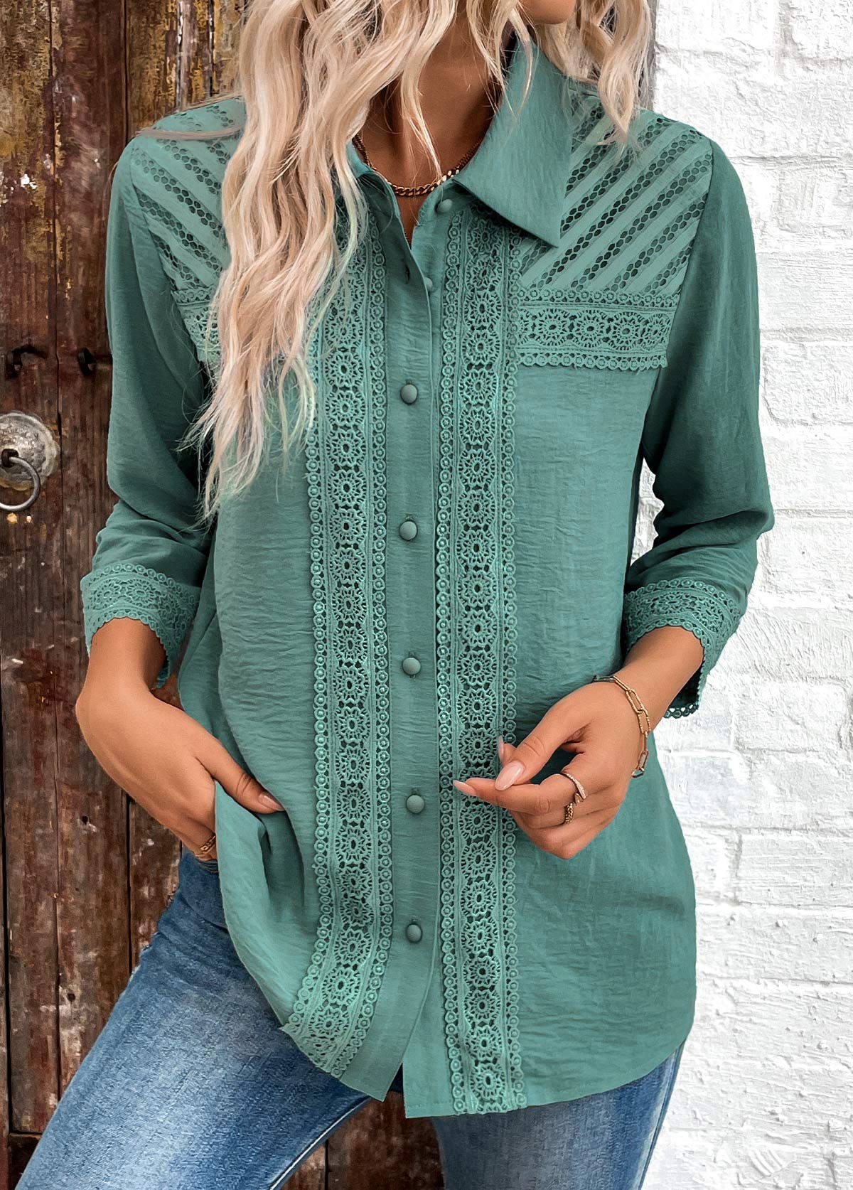 Turquoise Button Patchwork 3/4 Sleeve Shirt | picture 