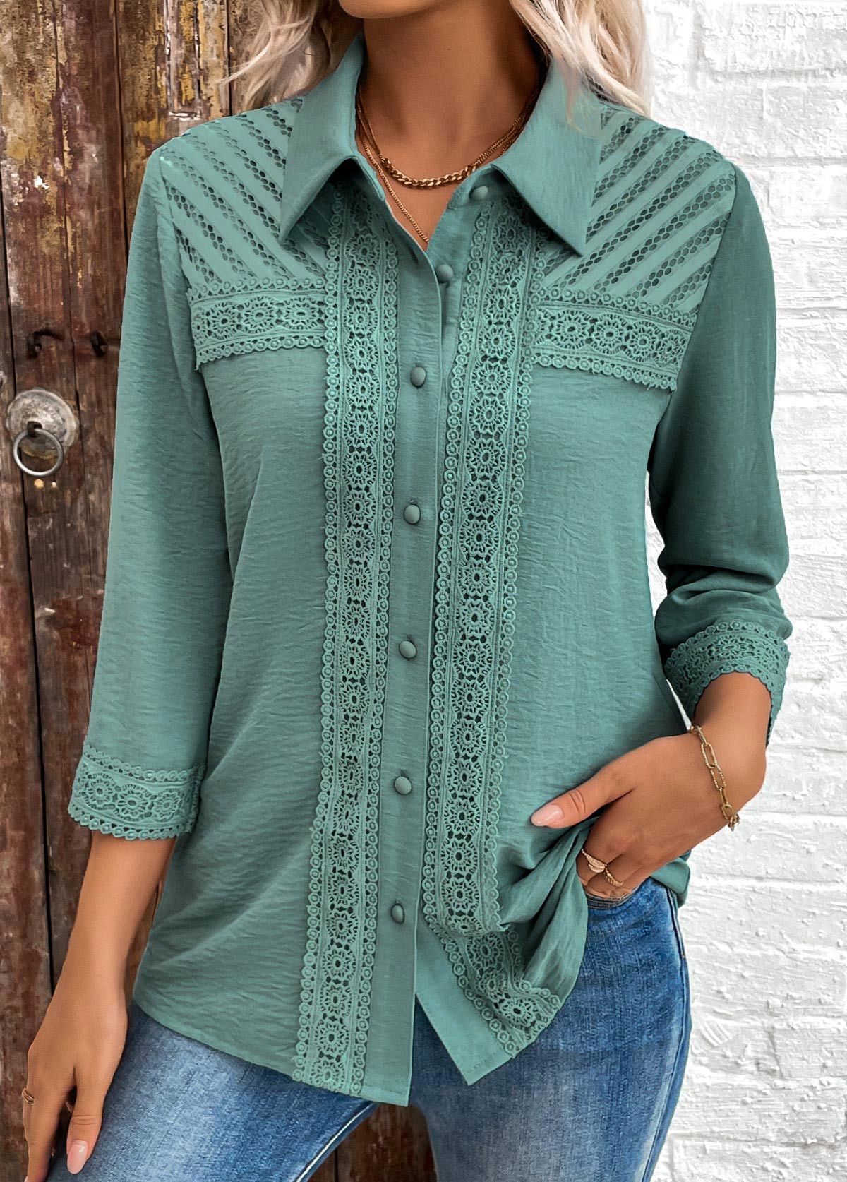 Turquoise Button Patchwork 3/4 Sleeve Shirt | picture 
