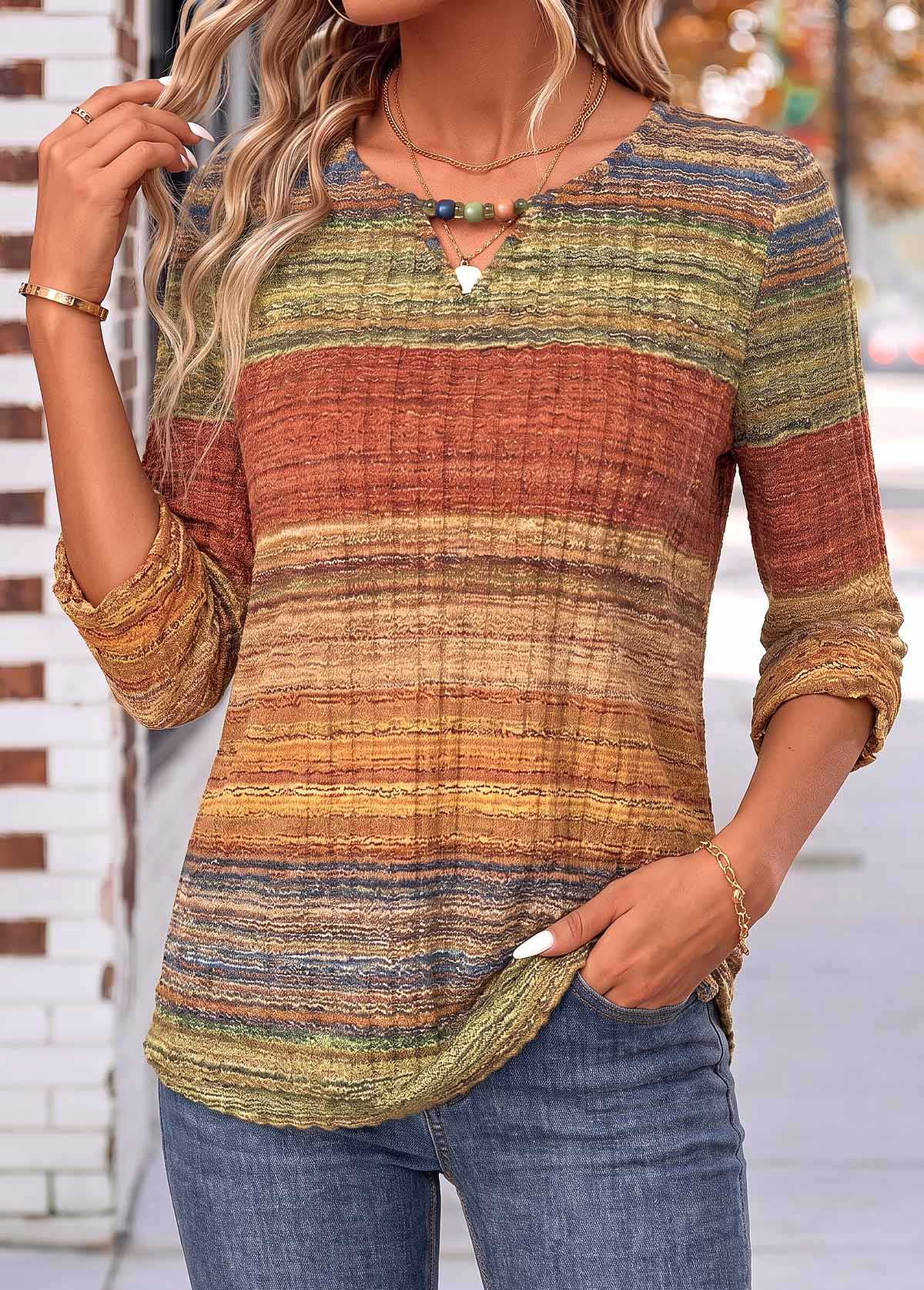 Multi Color Geometric Print Shirred 3/4 Sleeve Blouse 3