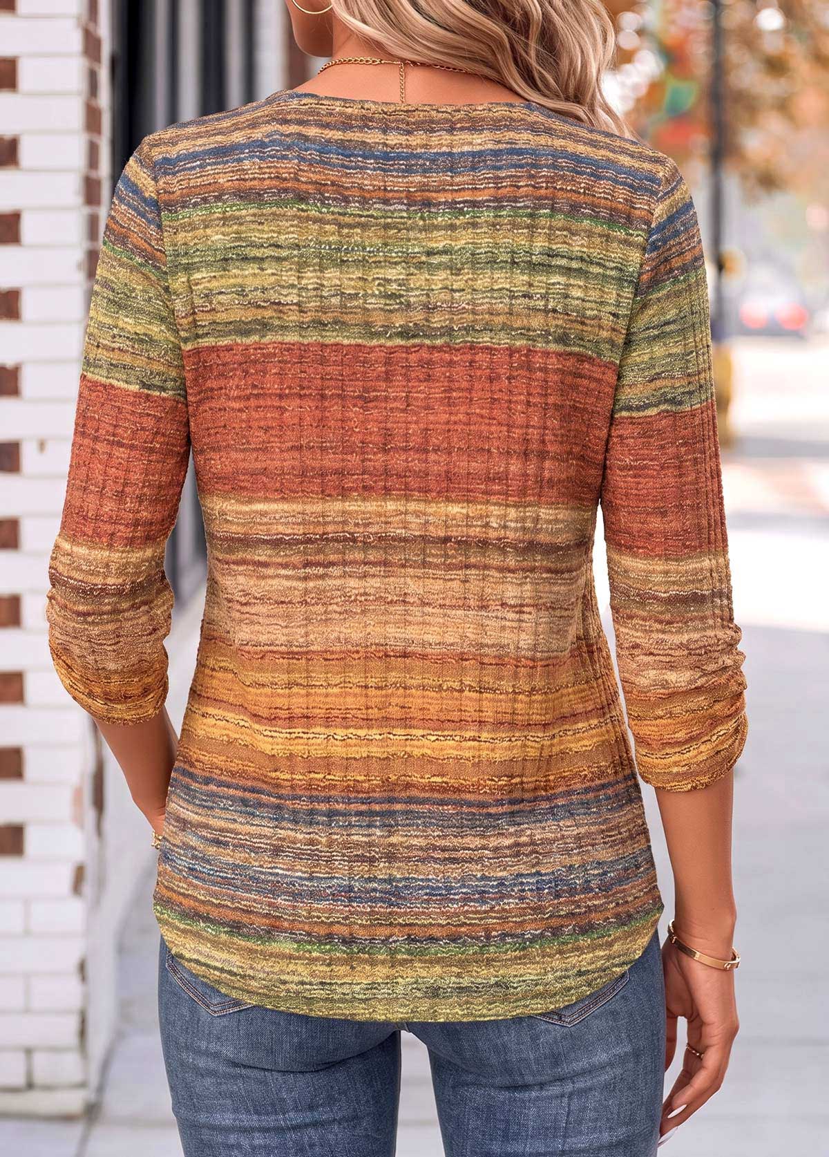 Multi Color Geometric Print Shirred 3/4 Sleeve Blouse 2