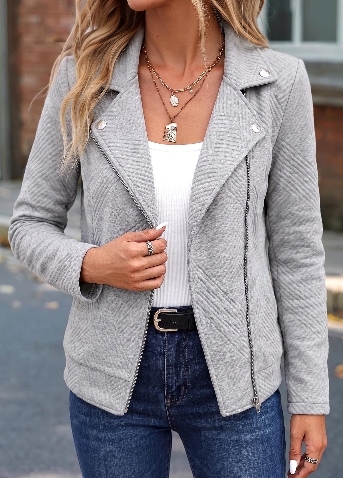 Light Grey Patchwork Long Sleeve Lapel Jacket | picture 
