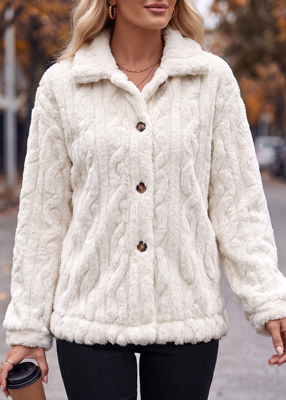 White Tummy Coverage Long Sleeve Turn Down Collar Coat | picture 