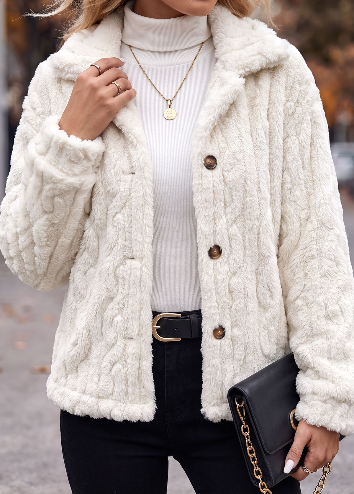 White Tummy Coverage Long Sleeve Turn Down Collar Coat | picture 