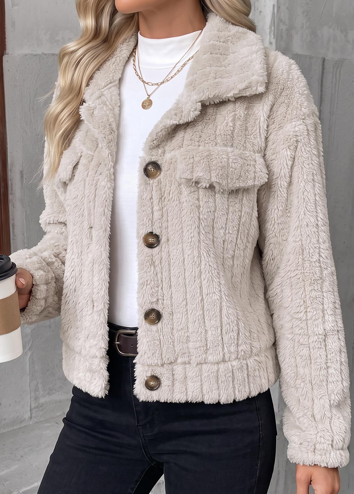Beige Button Long Sleeve Turn Down Collar Coat 6