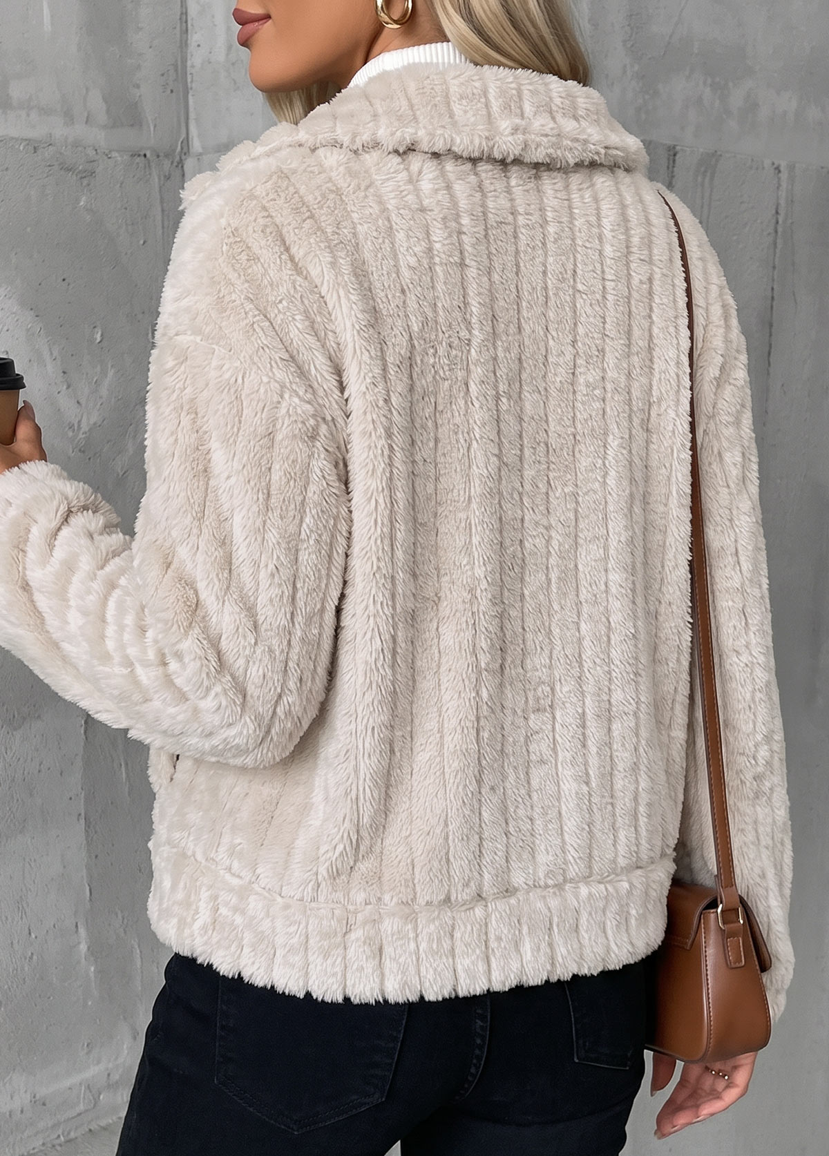 Beige Button Long Sleeve Turn Down Collar Coat 2