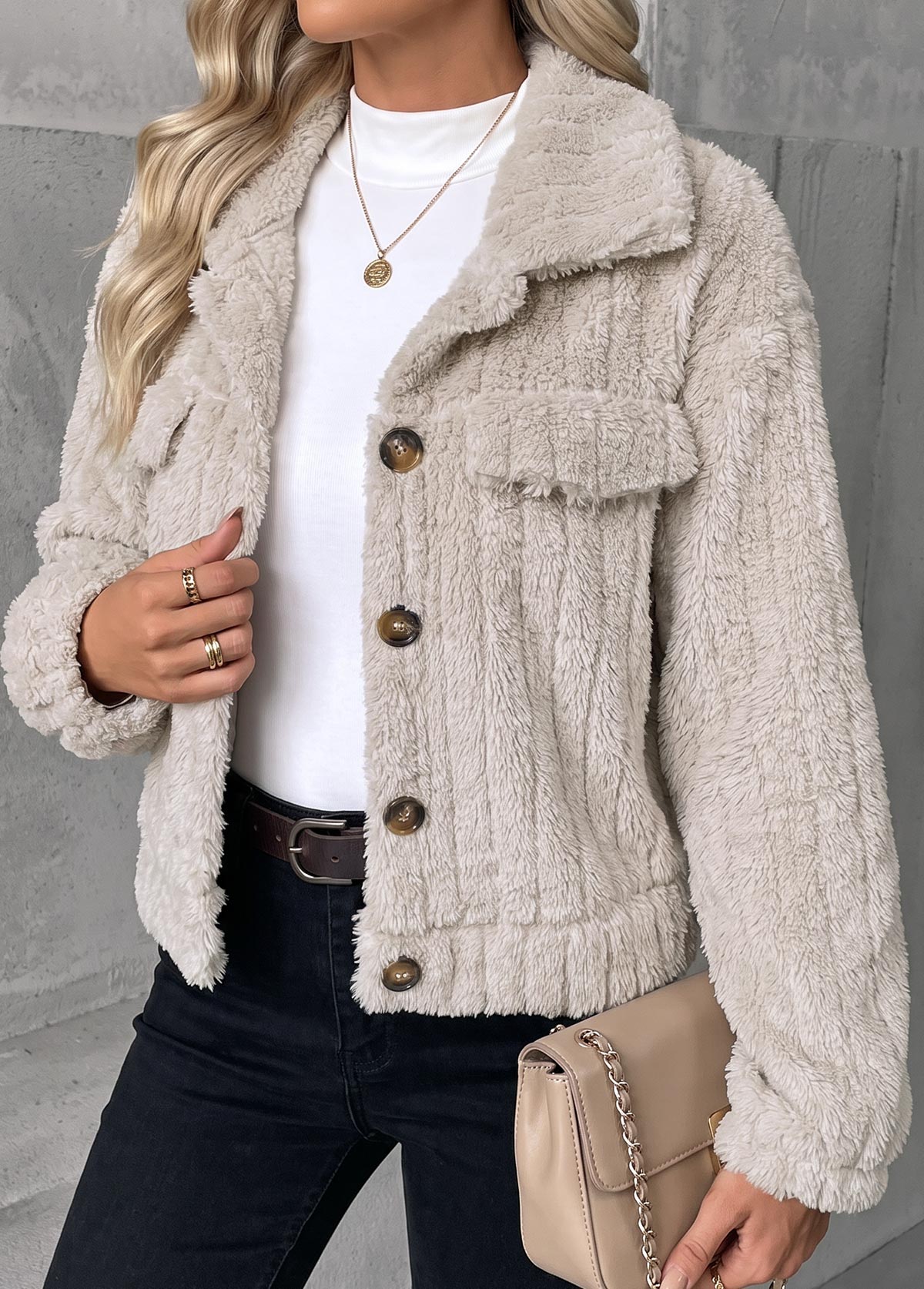 Beige Button Long Sleeve Turn Down Collar Coat 3