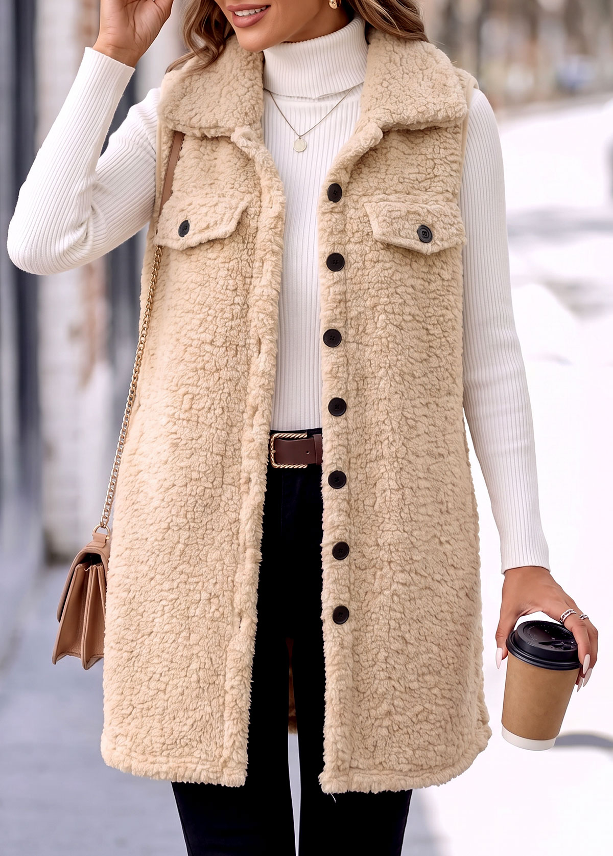 Beige Tummy Coverage Sleeveless Turn Down Collar Coat 5