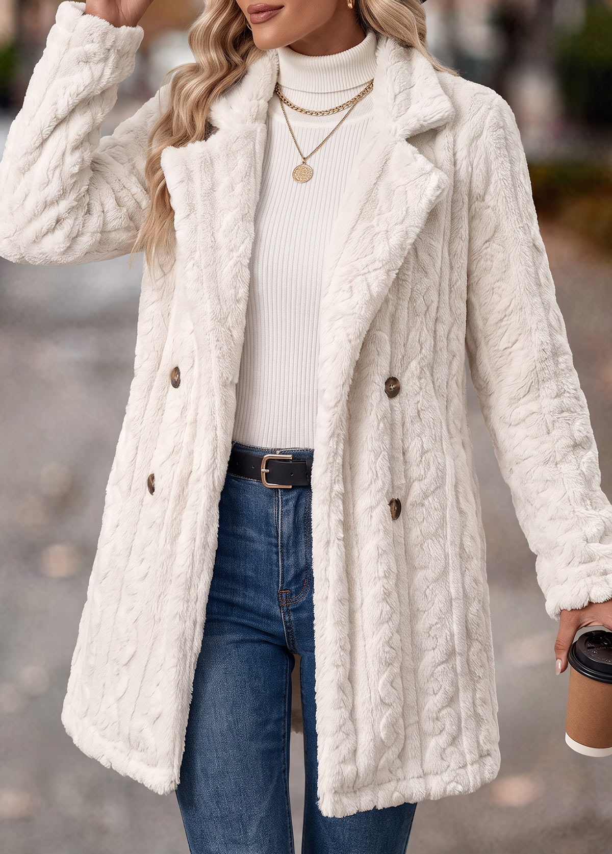 White Tummy Coverage Long Sleeve Turn Down Collar Coat | picture 