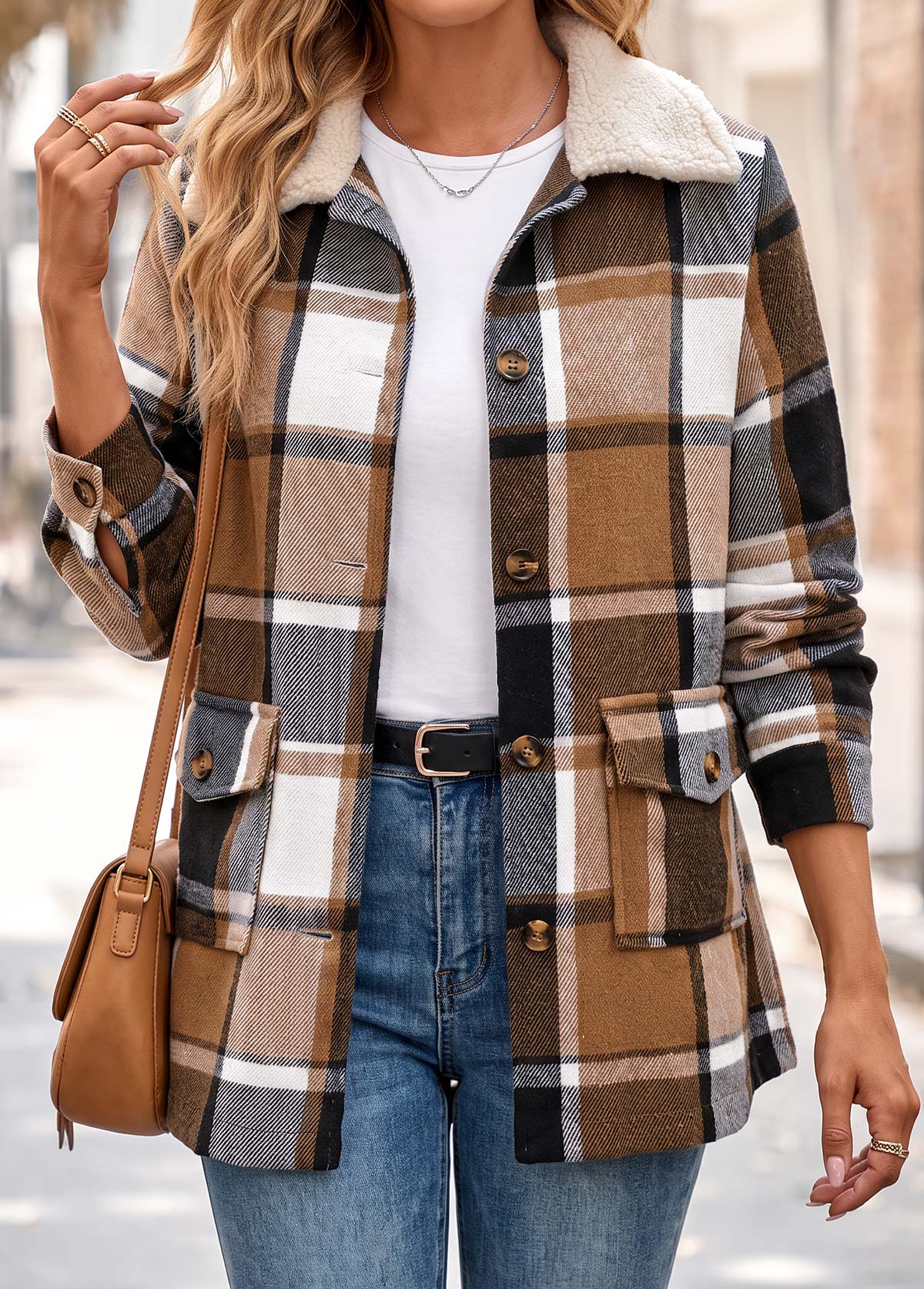 Modlily Light Coffee Patch Pocket Plaid Long Sleeve Coat - S