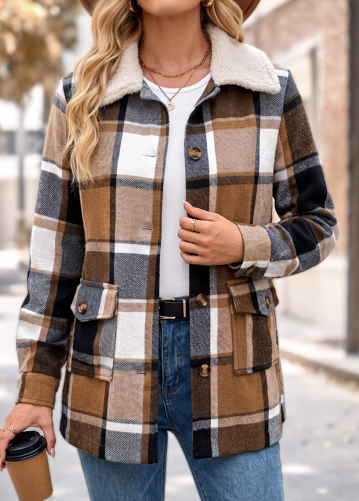Light Coffee Patch Pocket Plaid Long Sleeve Coat | picture 