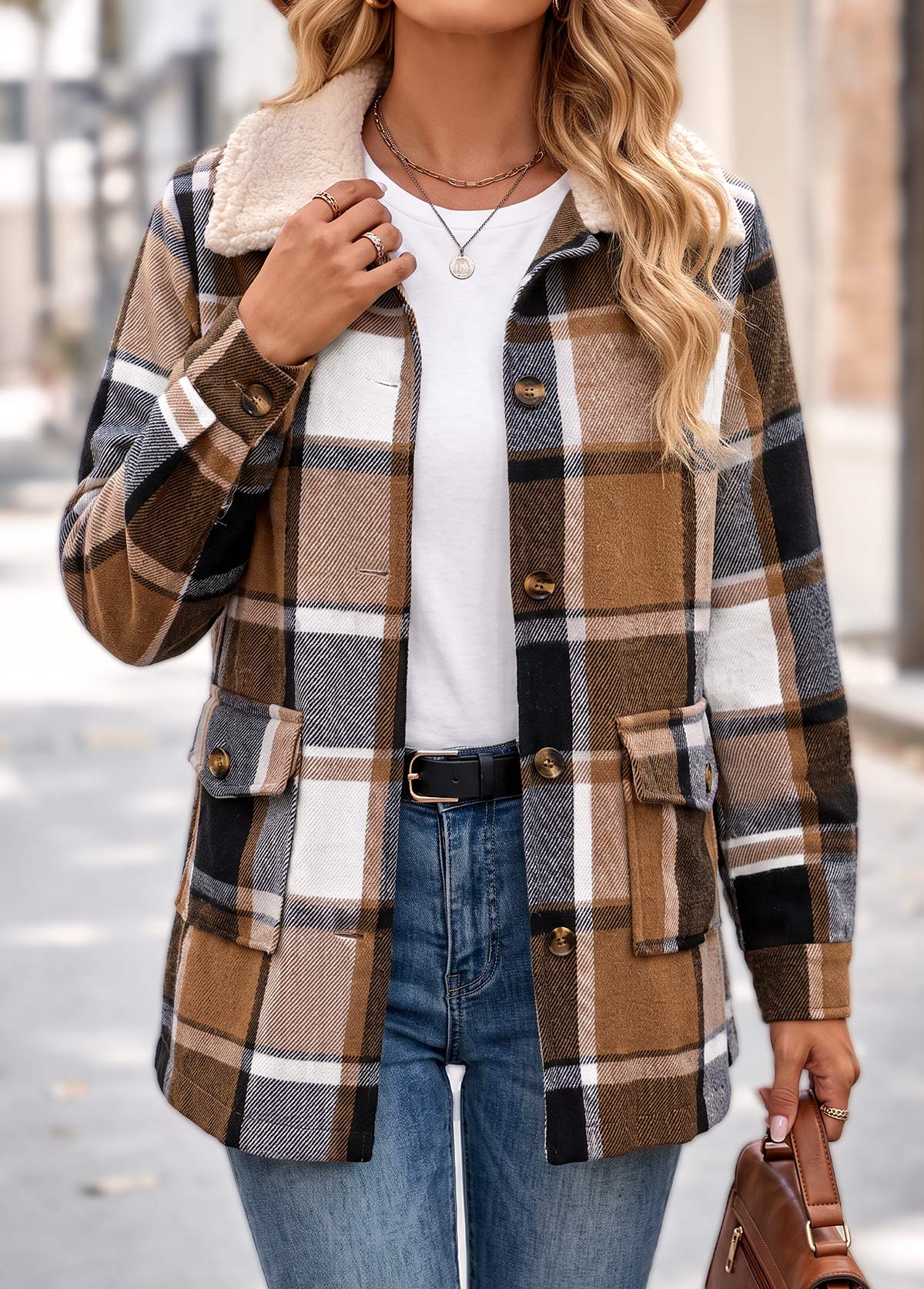 Light Coffee Patch Pocket Plaid Long Sleeve Coat | picture 