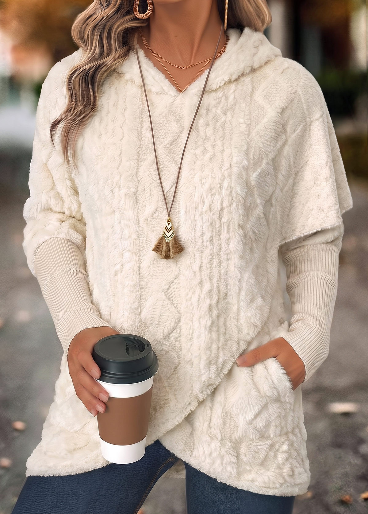 Beige Fake 2in1 Long Sleeve Hoodie 3
