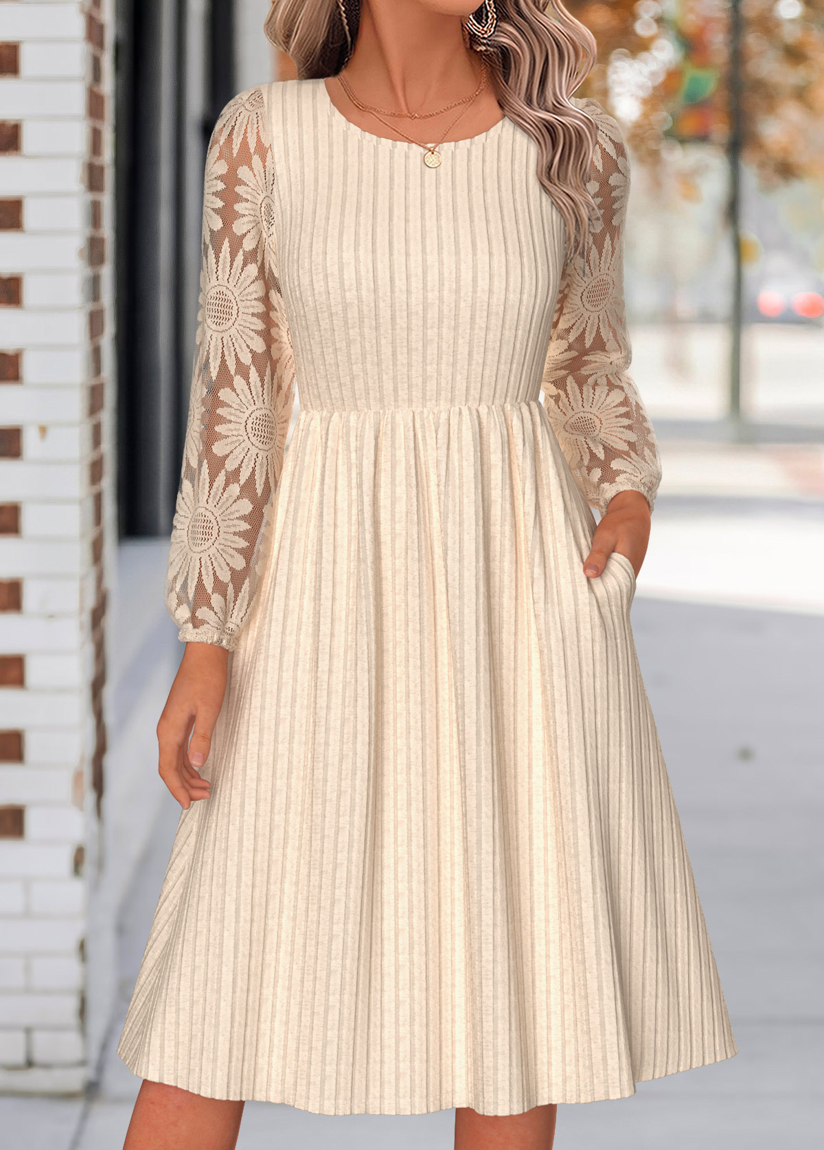 Beige Shirred Long Sleeve Round Neck Dress-an amazing $37.98-Dresses for Women 405139 |Modlily