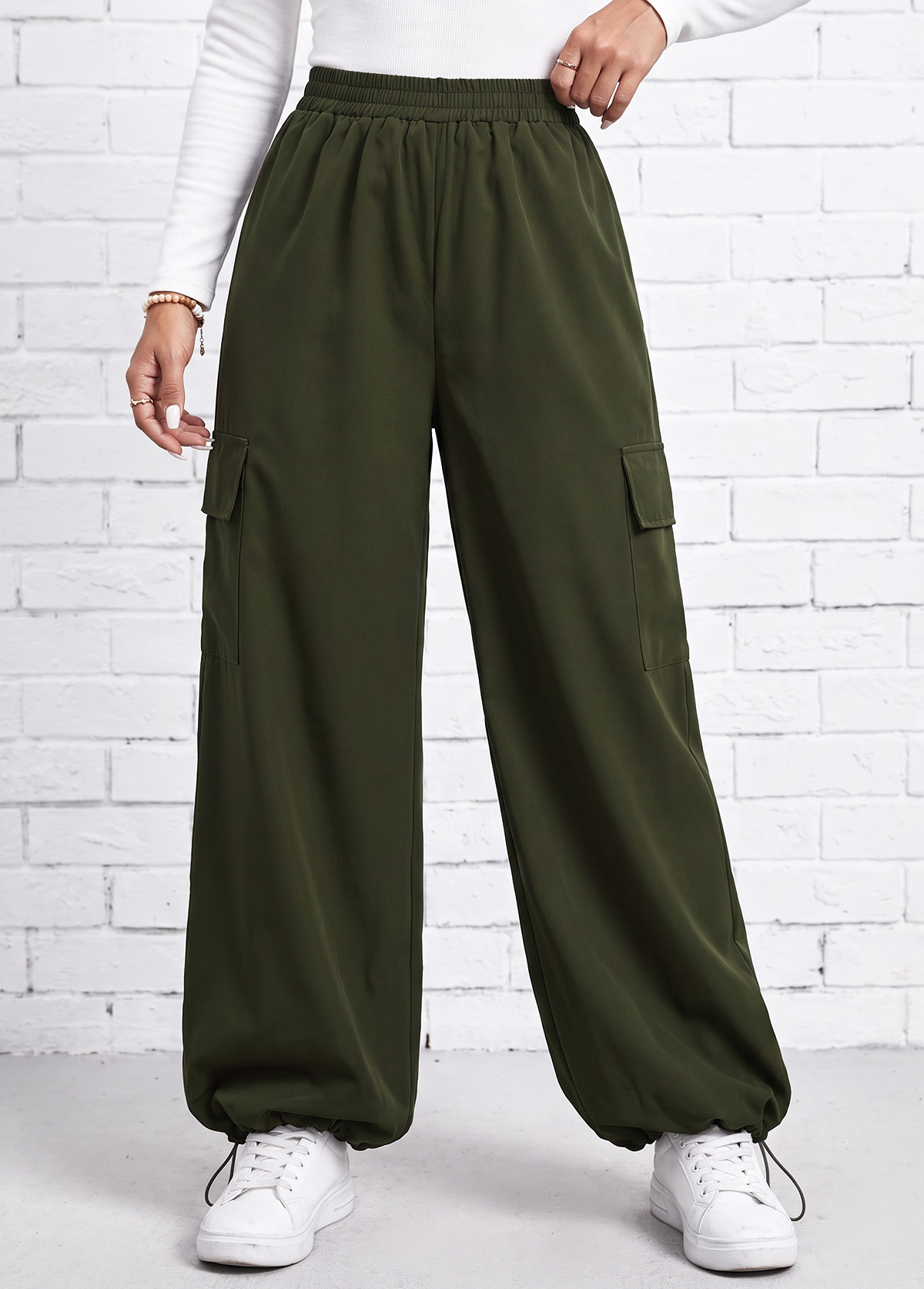 Modlily Green Wide Leg Elastic Waist High Waisted Pants - XL