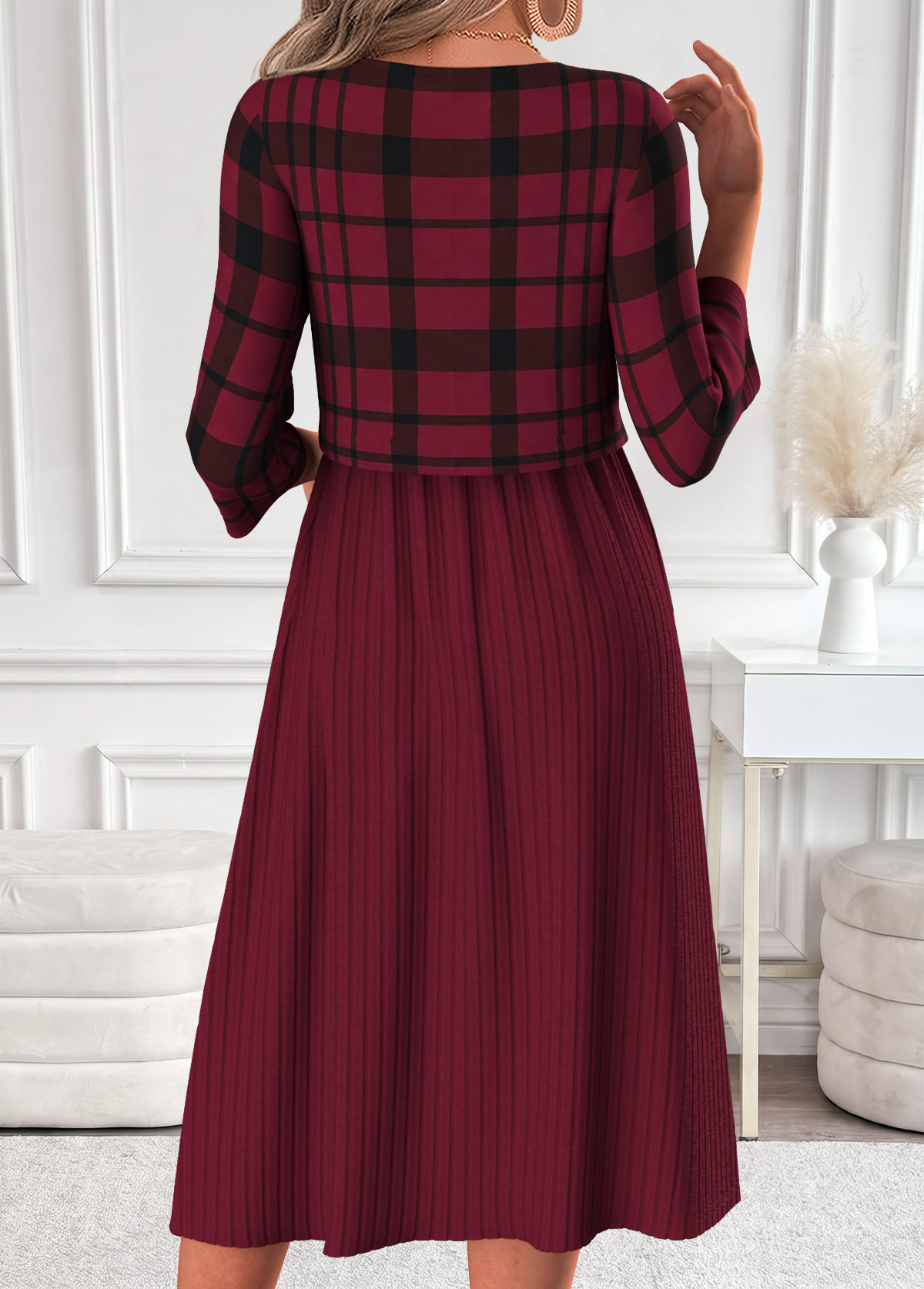 Dark Reddish Purple Plaid Patchwork Long Sleeve Dress 2