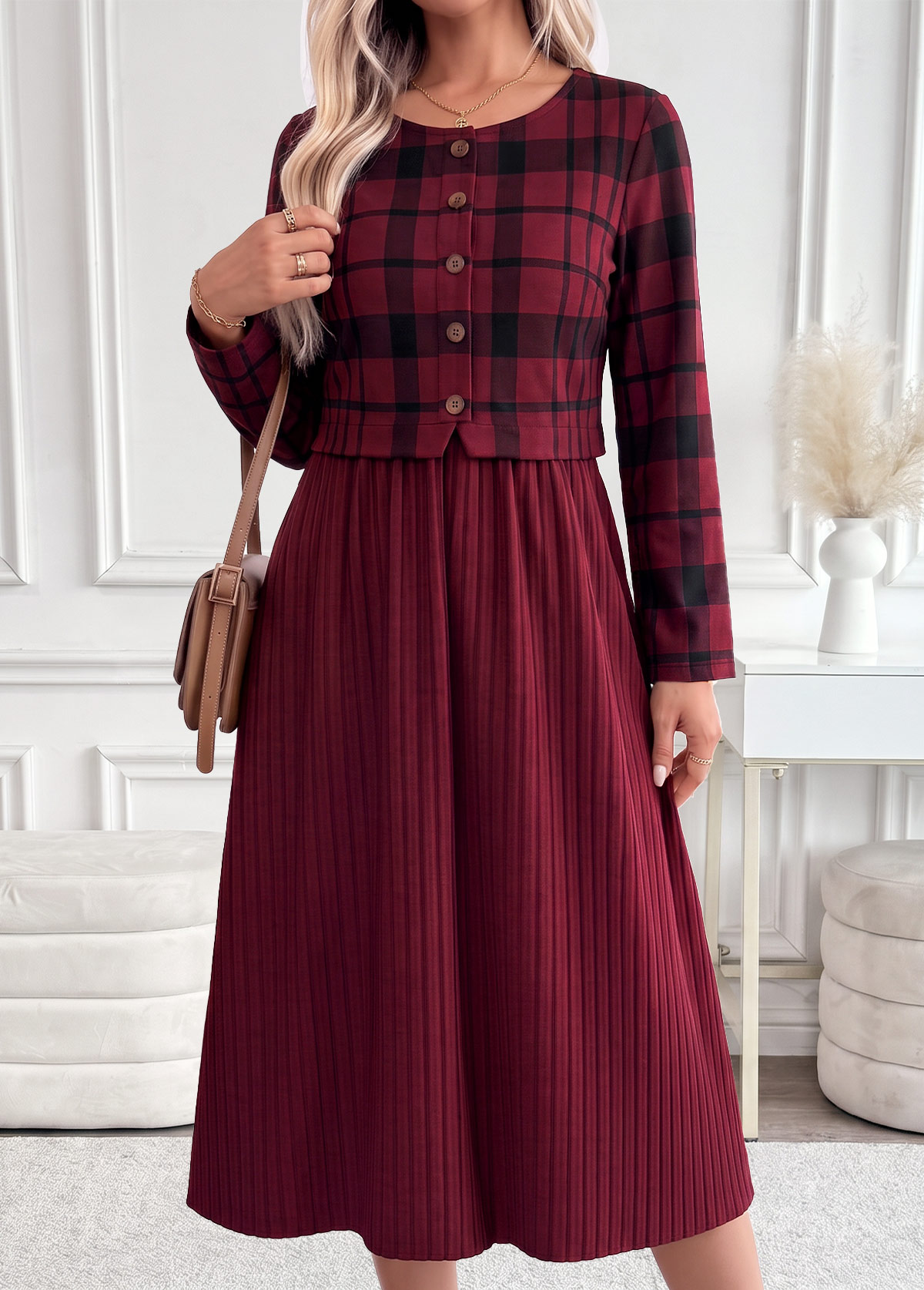 Dark Reddish Purple Plaid Patchwork Long Sleeve Dress 3
